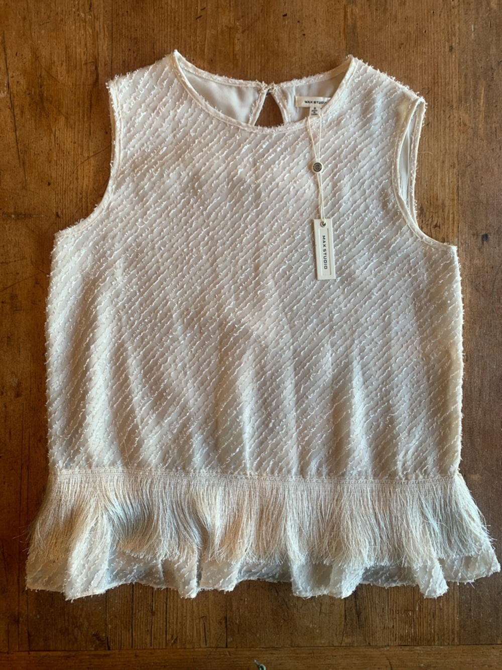 Max Studio Ivory Textured Sleeveless Top with Fringe Hem